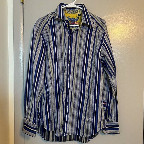 Robert Graham Men's Long Sleeve Shirt Blue Stripes Yellow Flip Cuffs Size L - Picture 1 of 6